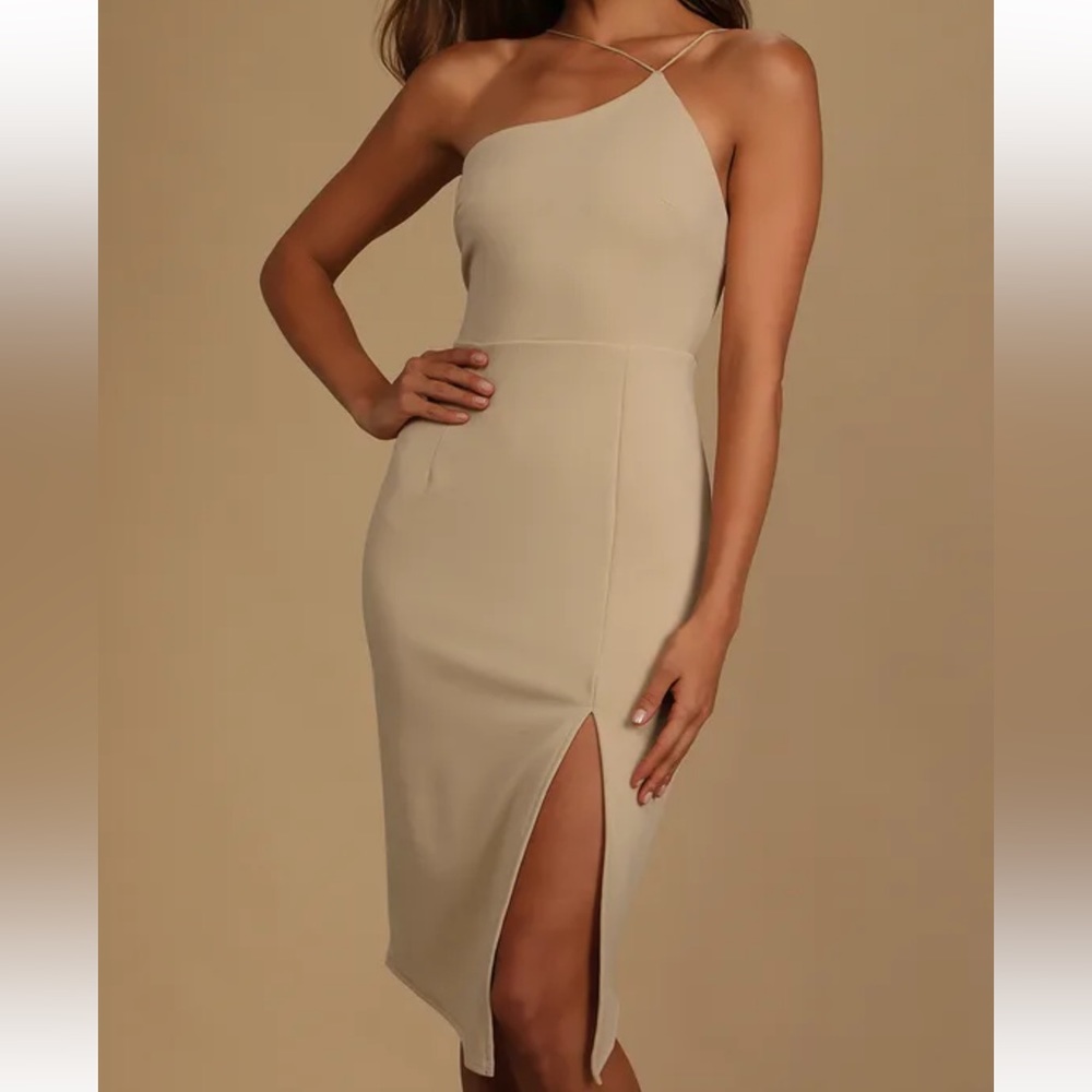 Beige Asymmetrical Bodycon Midi Dress